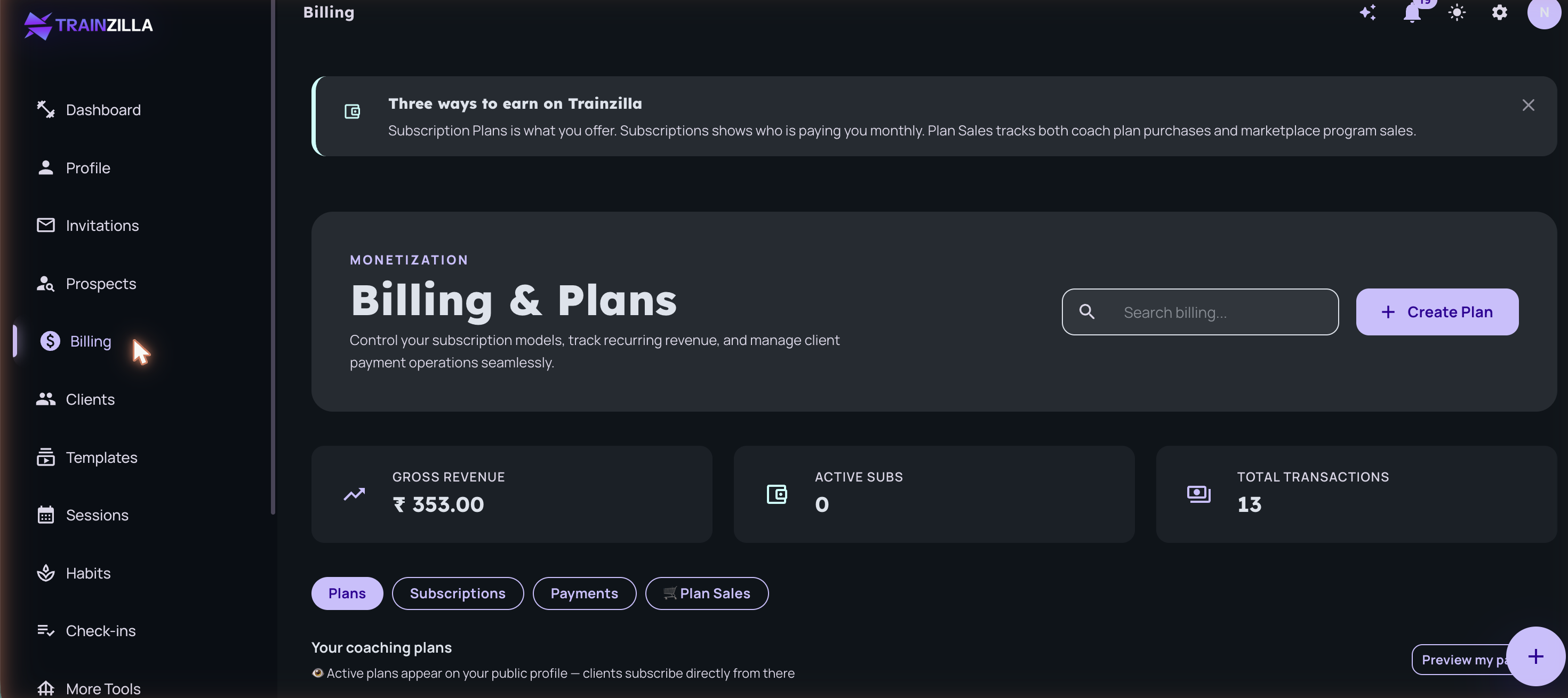 The Billing and Plans dashboard