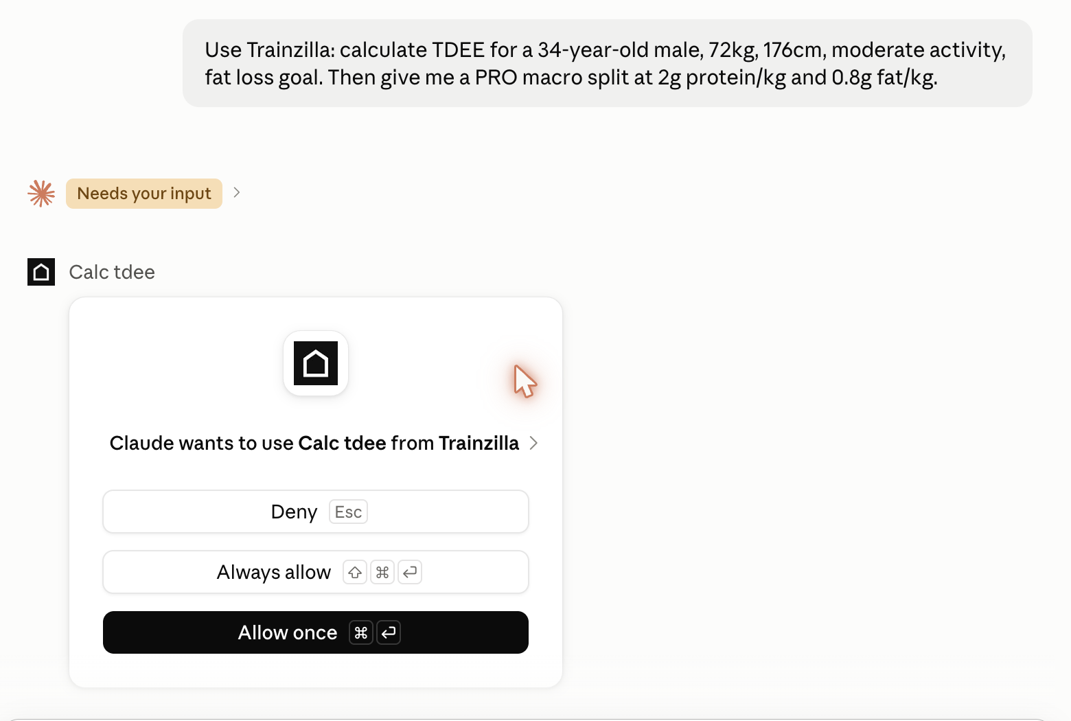 Claude asking permission before running a Trainzilla tool